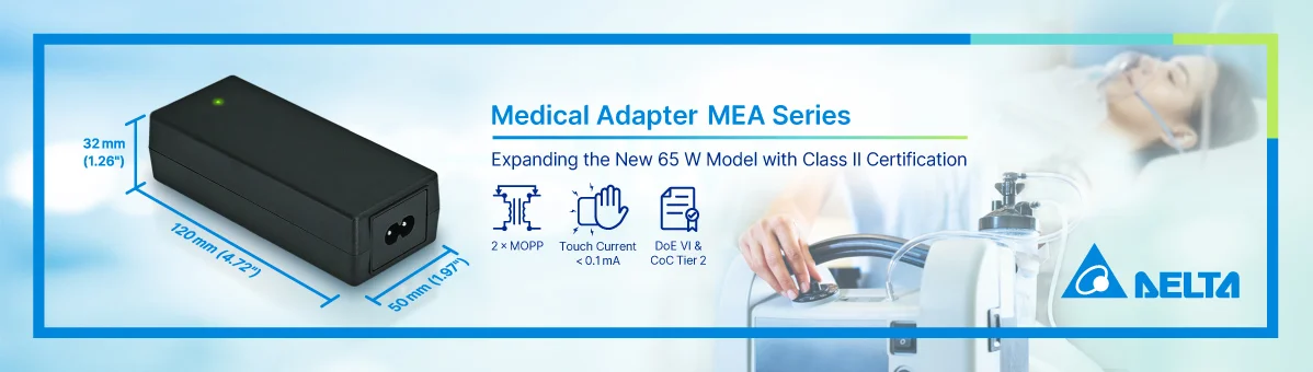 Delta expands MEA series with Class II 65W medical adapters