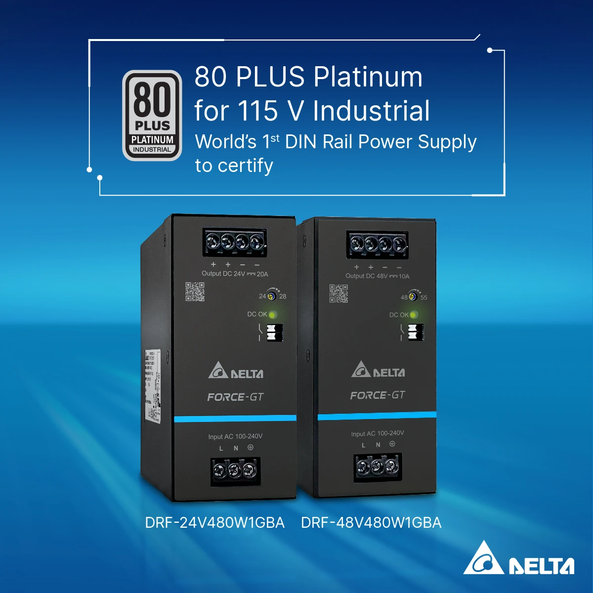 The Force-GT Series DIN rail power supplies offer an outstanding efficiency of up to 95%